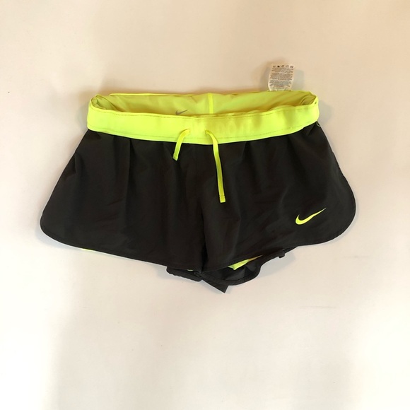 Nike Women's Athletic Shorts in Black and Neon Yellow - Picture 1 of 5